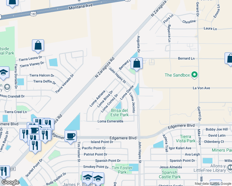 map of restaurants, bars, coffee shops, grocery stores, and more near 3873 Loma Dante in El Paso