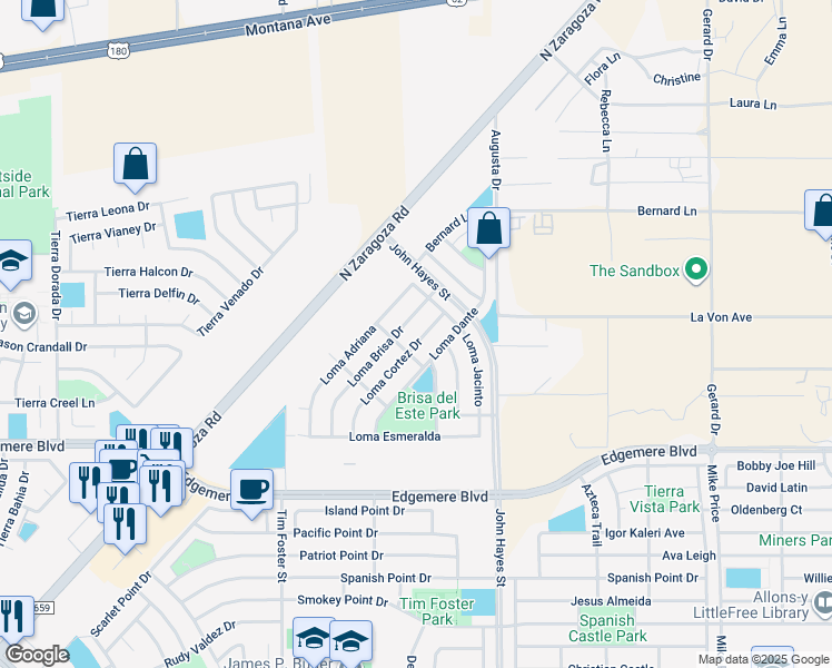 map of restaurants, bars, coffee shops, grocery stores, and more near 3873 Loma Dante in El Paso