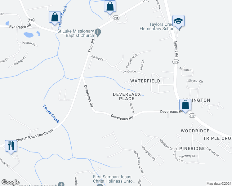 map of restaurants, bars, coffee shops, grocery stores, and more near 36 Idus Lane in Hinesville
