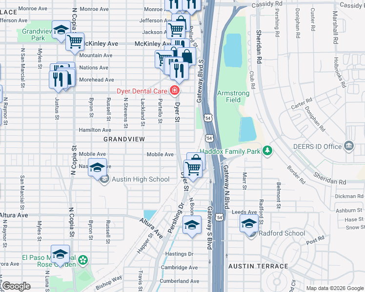 map of restaurants, bars, coffee shops, grocery stores, and more near 4001 Mobile Avenue in El Paso