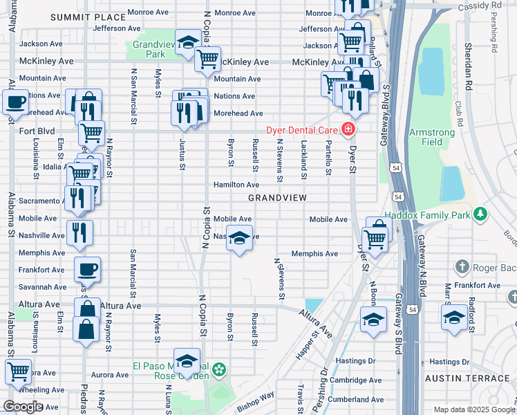 map of restaurants, bars, coffee shops, grocery stores, and more near 3609 Mobile Avenue in El Paso
