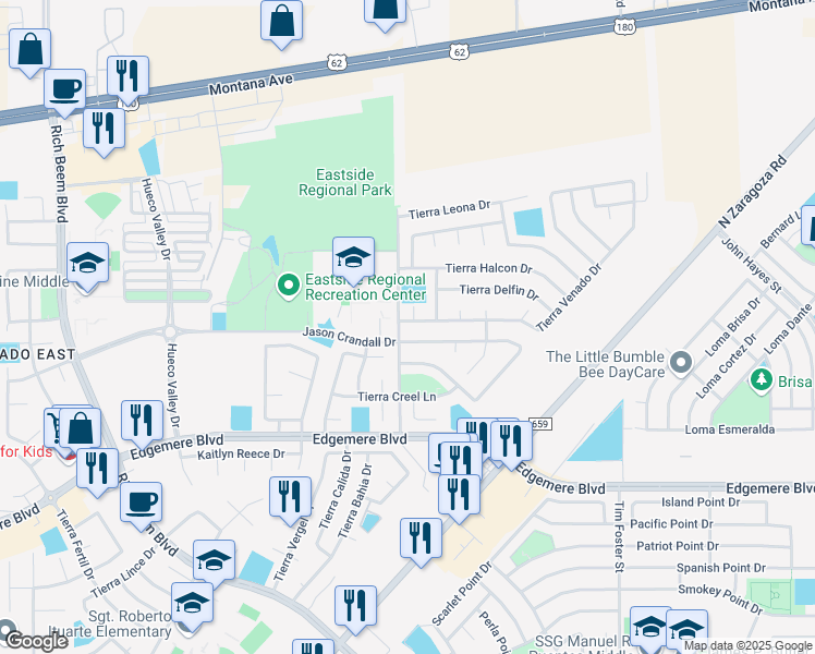 map of restaurants, bars, coffee shops, grocery stores, and more near 14004 Tierra Venado Drive in El Paso