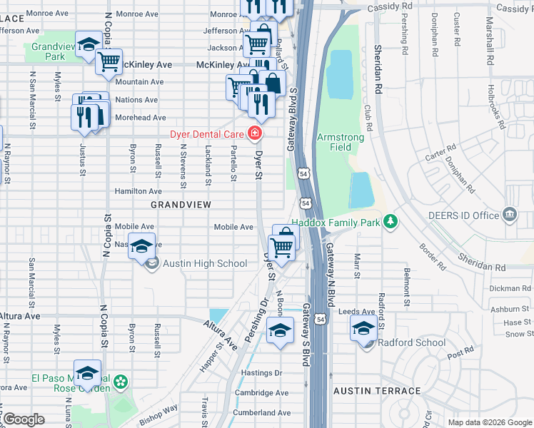 map of restaurants, bars, coffee shops, grocery stores, and more near 4001 Mobile Avenue in El Paso