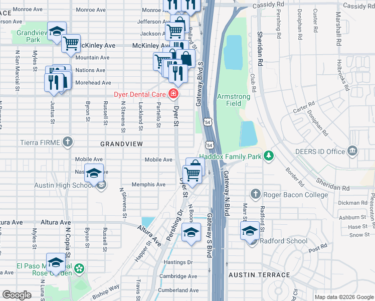 map of restaurants, bars, coffee shops, grocery stores, and more near 4001 Mobile Avenue in El Paso