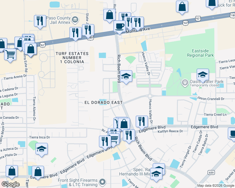 map of restaurants, bars, coffee shops, grocery stores, and more near 12733 Tierra Nunez Court in El Paso