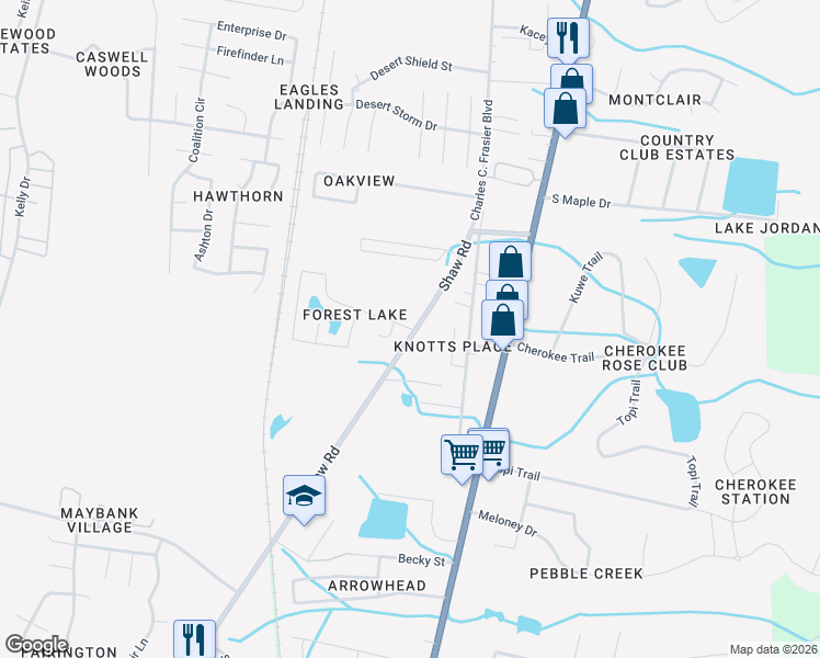 map of restaurants, bars, coffee shops, grocery stores, and more near 1326 Forest Lake Drive in Hinesville
