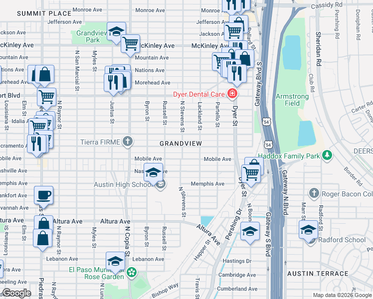 map of restaurants, bars, coffee shops, grocery stores, and more near 3705 Mobile Avenue in El Paso