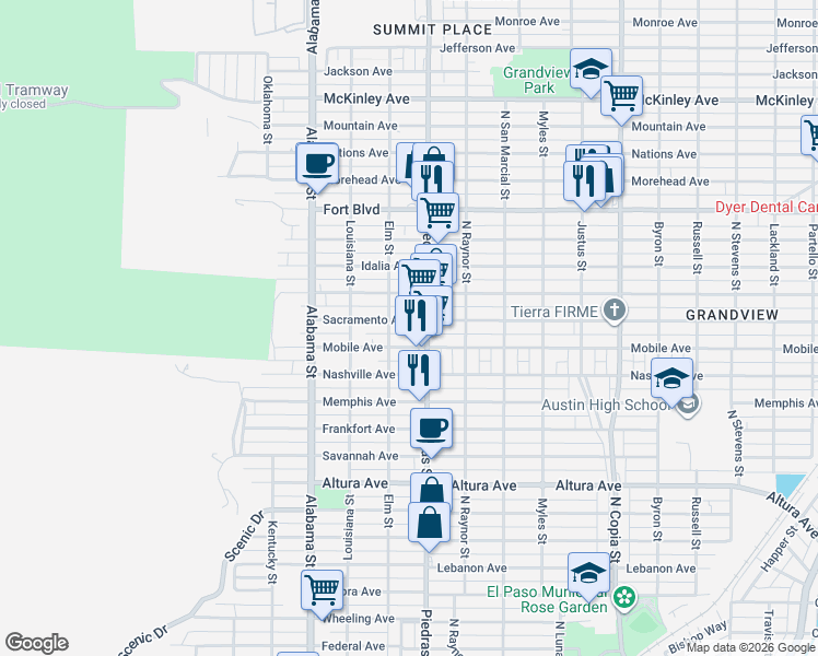 map of restaurants, bars, coffee shops, grocery stores, and more near 2807 Mobile Avenue in El Paso