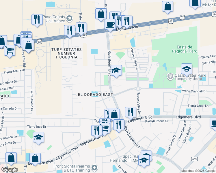 map of restaurants, bars, coffee shops, grocery stores, and more near 12733 Tierra Nunez Court in El Paso