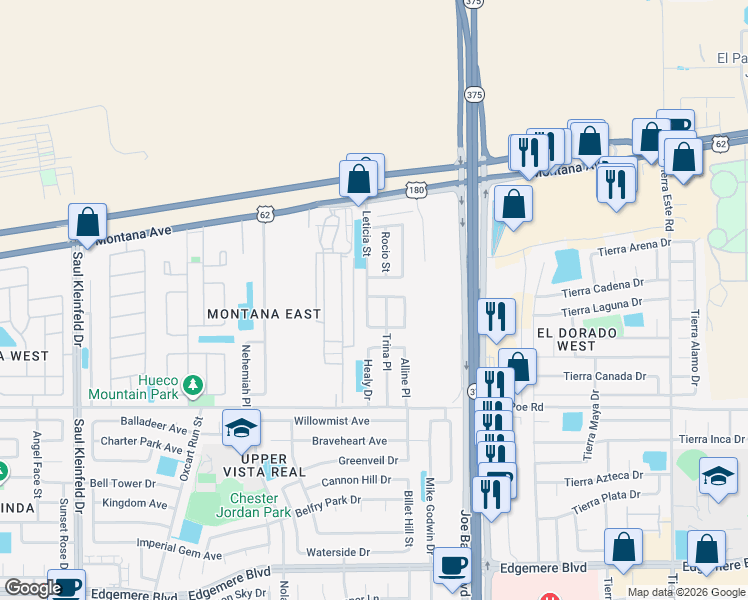 map of restaurants, bars, coffee shops, grocery stores, and more near 3713 Trina Place in El Paso