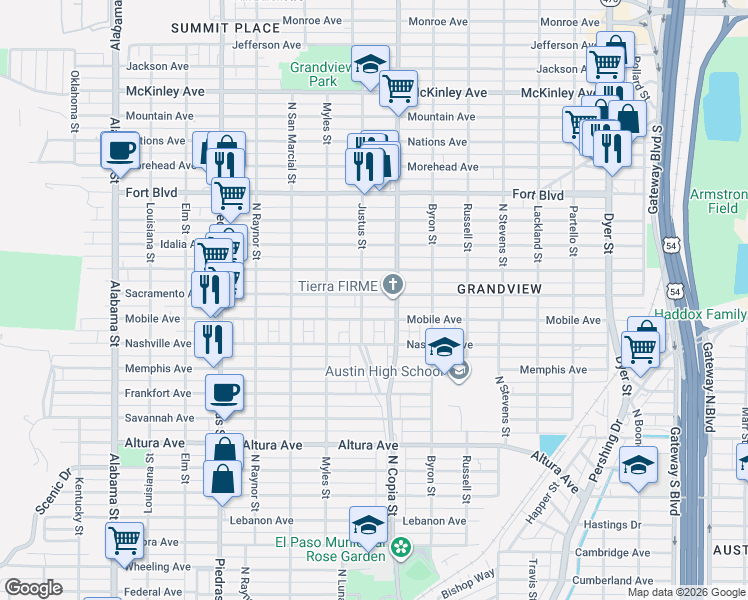 map of restaurants, bars, coffee shops, grocery stores, and more near 3301 Mobile Avenue in El Paso