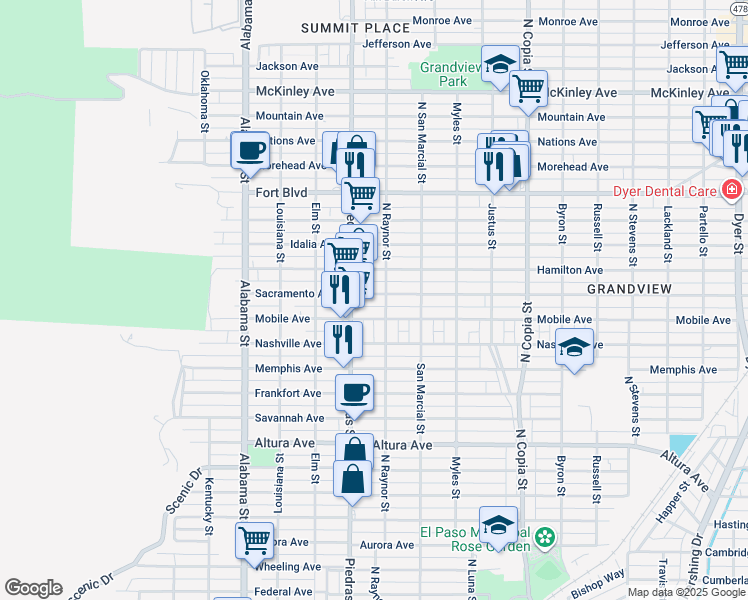 map of restaurants, bars, coffee shops, grocery stores, and more near 2903 Mobile Avenue in El Paso