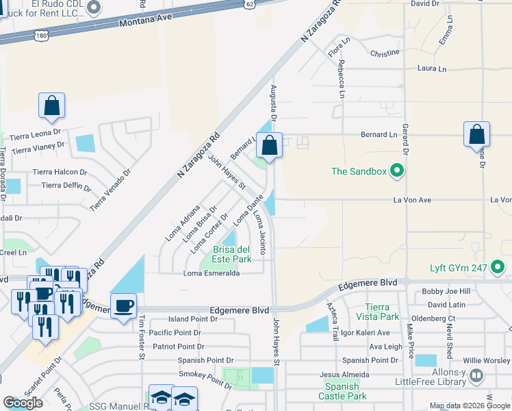 map of restaurants, bars, coffee shops, grocery stores, and more near Loma Jacinto in El Paso
