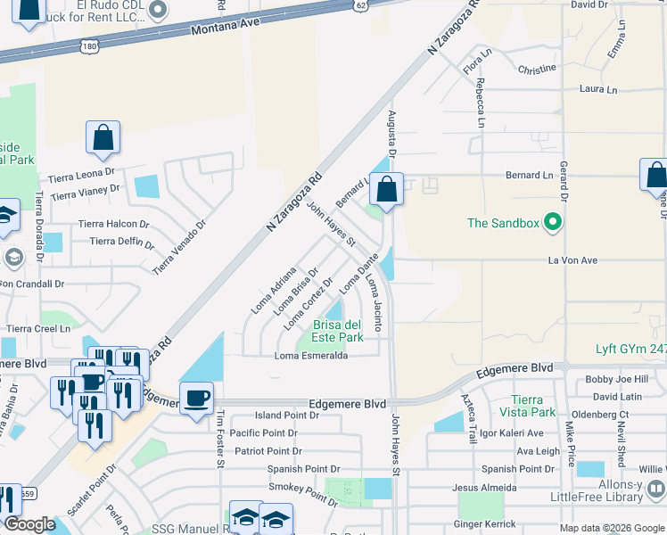 map of restaurants, bars, coffee shops, grocery stores, and more near 3873 Loma Dante in El Paso