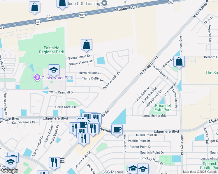 map of restaurants, bars, coffee shops, grocery stores, and more near 3968 Tierra Venado Drive in El Paso