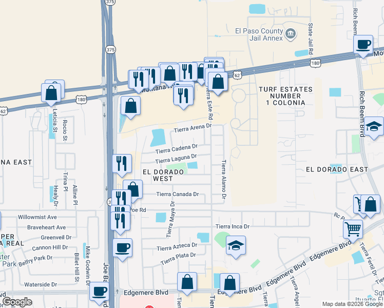 map of restaurants, bars, coffee shops, grocery stores, and more near 12340 Tierra Laguna Drive in El Paso