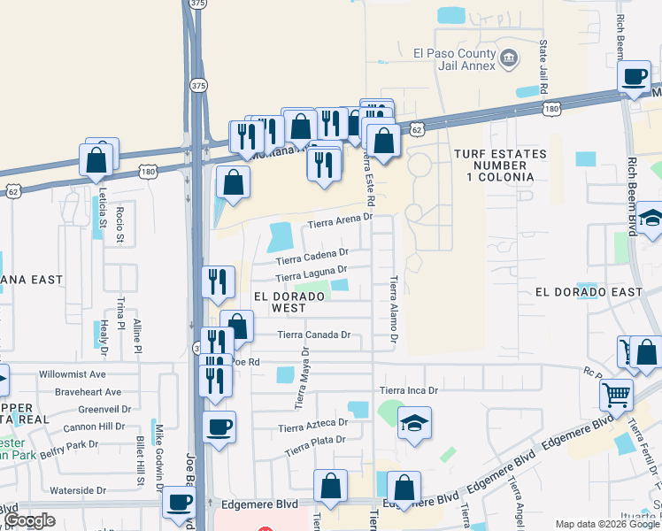 map of restaurants, bars, coffee shops, grocery stores, and more near 12340 Tierra Laguna Drive in El Paso