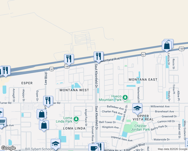 map of restaurants, bars, coffee shops, grocery stores, and more near 3658 Grand Bahamas Drive in El Paso