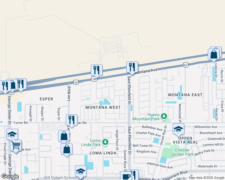 map of restaurants, bars, coffee shops, grocery stores, and more near 11649 Sugar Bay Way in El Paso