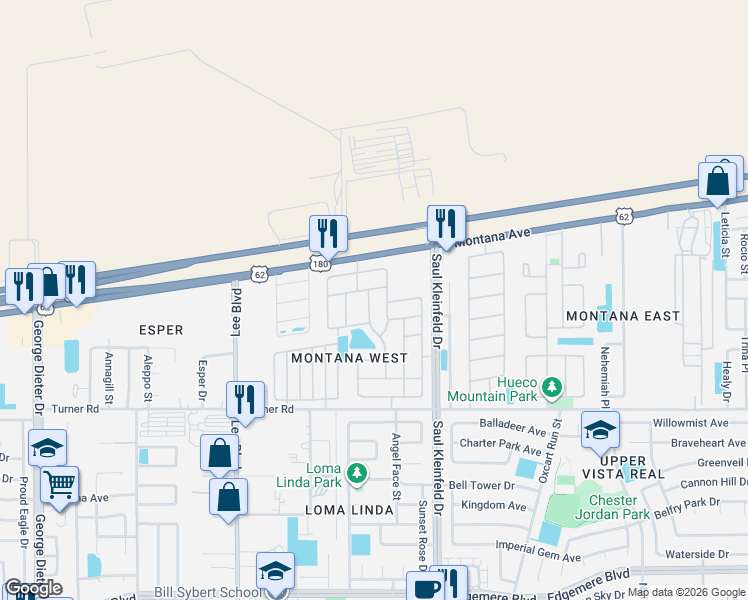 map of restaurants, bars, coffee shops, grocery stores, and more near 3657 Almond Beach Drive in El Paso