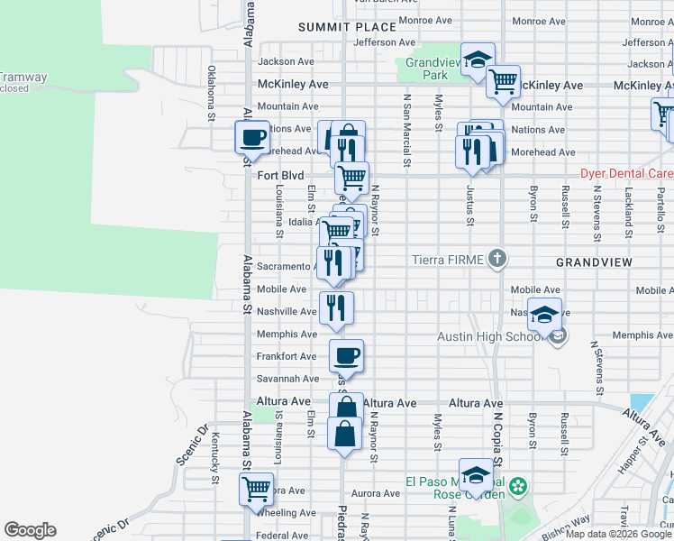 map of restaurants, bars, coffee shops, grocery stores, and more near 2903 Mobile Avenue in El Paso