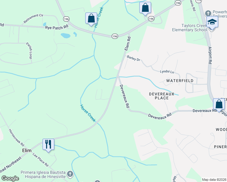 map of restaurants, bars, coffee shops, grocery stores, and more near 8098 Elim Church Road in Hinesville