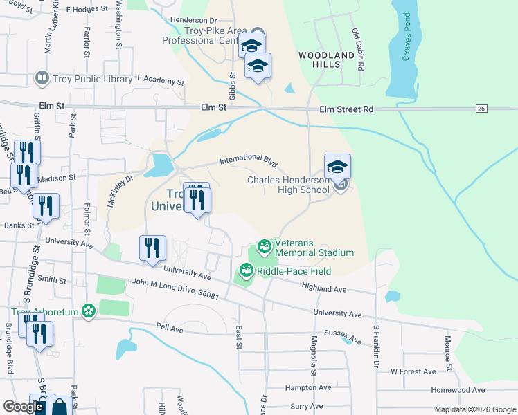 map of restaurants, bars, coffee shops, grocery stores, and more near in Troy