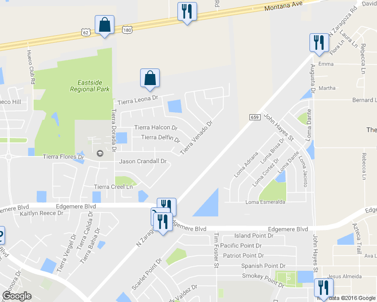 map of restaurants, bars, coffee shops, grocery stores, and more near 3968 Tierra Venado Drive in El Paso