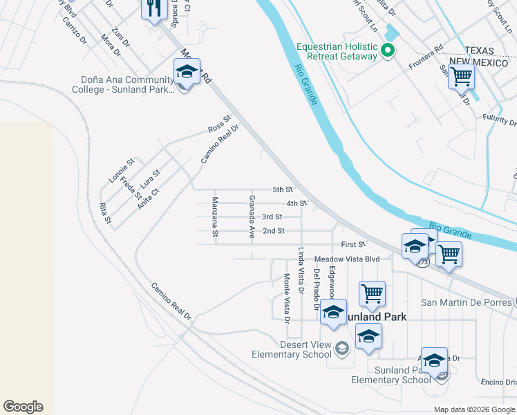 map of restaurants, bars, coffee shops, grocery stores, and more near 123 5th Street in Sunland Park
