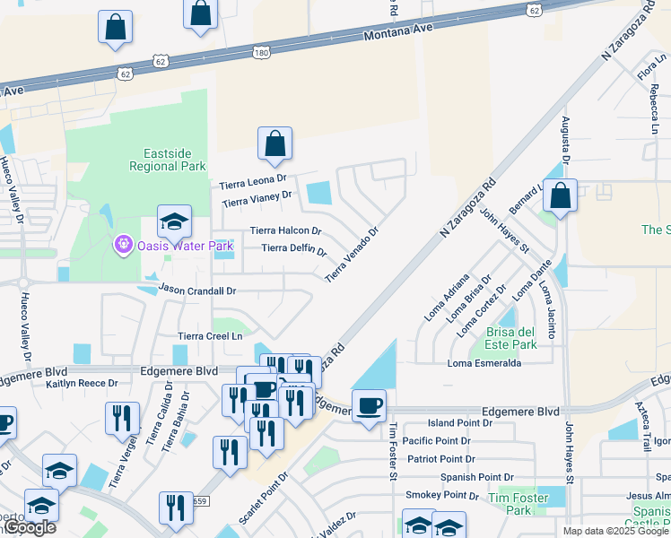 map of restaurants, bars, coffee shops, grocery stores, and more near 14141 Tierra Delfin Drive in El Paso