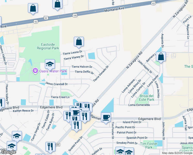 map of restaurants, bars, coffee shops, grocery stores, and more near 14141 Tierra Delfin Drive in El Paso