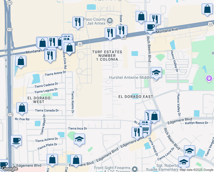 map of restaurants, bars, coffee shops, grocery stores, and more near 4567 Turf Road in El Paso