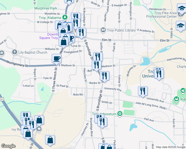 map of restaurants, bars, coffee shops, grocery stores, and more near 200-298 Bell Street in Troy