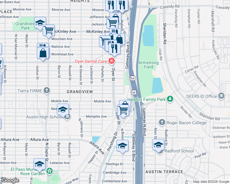 map of restaurants, bars, coffee shops, grocery stores, and more near 4004 Hamilton Avenue in El Paso