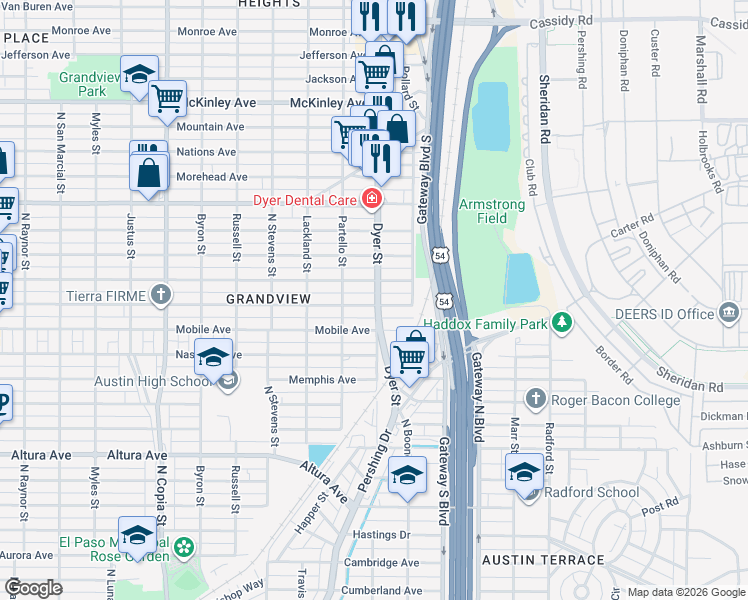 map of restaurants, bars, coffee shops, grocery stores, and more near 4004 Hamilton Avenue in El Paso