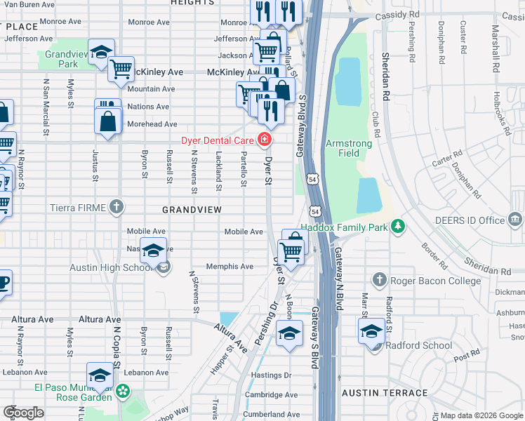 map of restaurants, bars, coffee shops, grocery stores, and more near 4004 Hamilton Avenue in El Paso