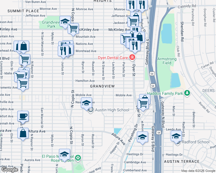 map of restaurants, bars, coffee shops, grocery stores, and more near 3708 Hamilton Avenue in El Paso