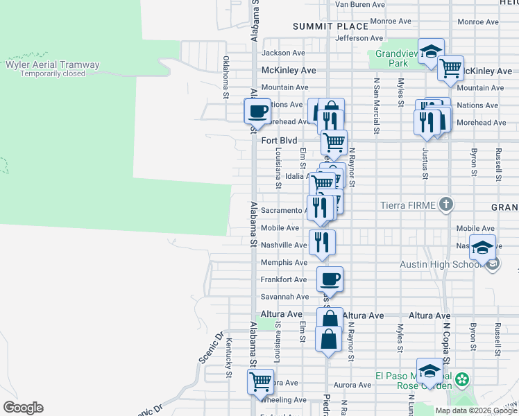 map of restaurants, bars, coffee shops, grocery stores, and more near 2930 Alabama Street in El Paso