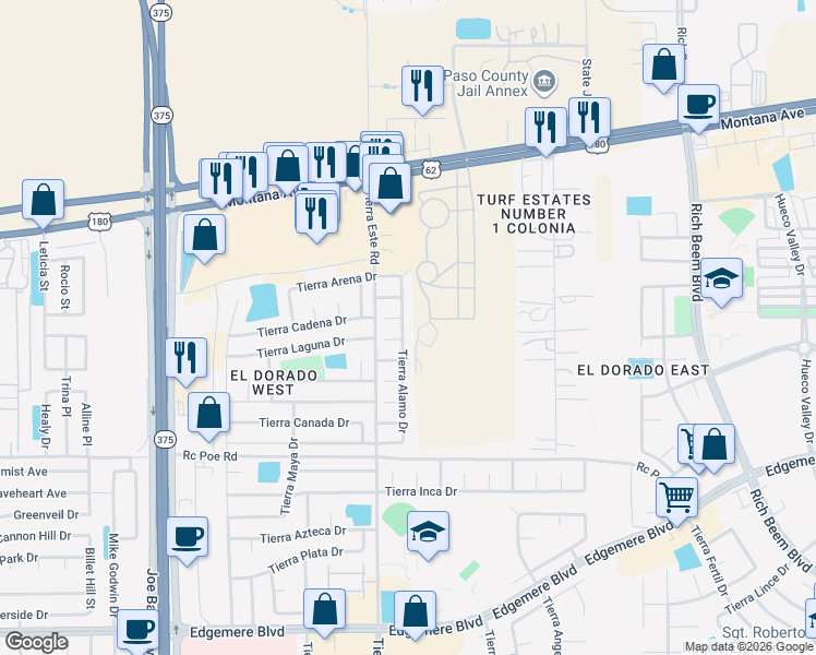 map of restaurants, bars, coffee shops, grocery stores, and more near 3904 Tierra Alamo Drive in El Paso