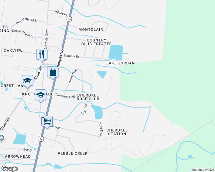 map of restaurants, bars, coffee shops, grocery stores, and more near 234 Cherokee Trail in Hinesville