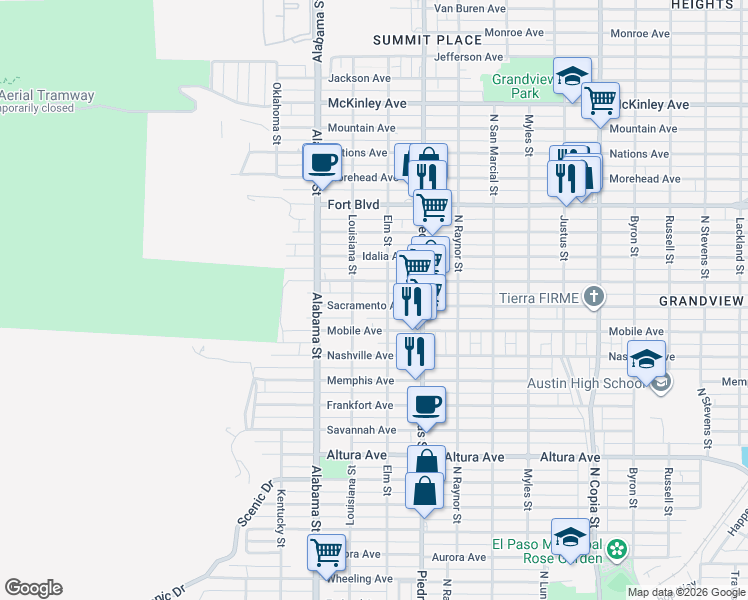 map of restaurants, bars, coffee shops, grocery stores, and more near 2704 Hamilton Avenue in El Paso