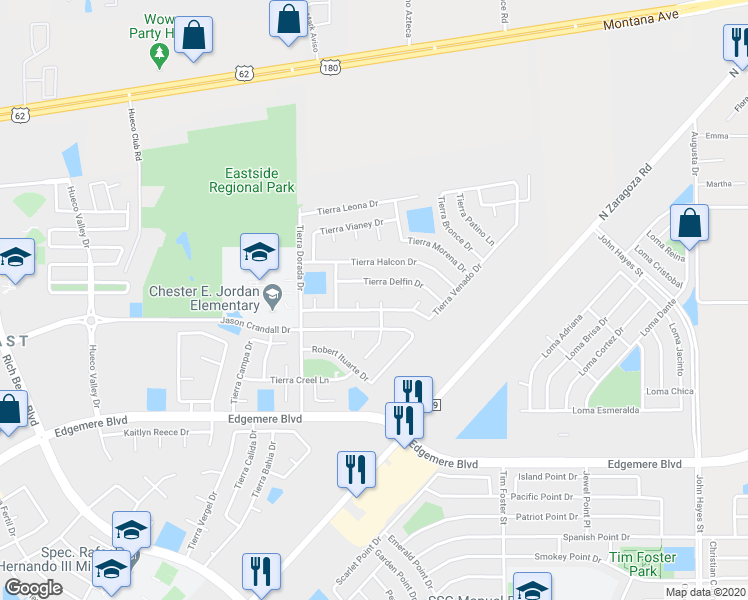 map of restaurants, bars, coffee shops, grocery stores, and more near 14060 Tierra Delfin Drive in El Paso