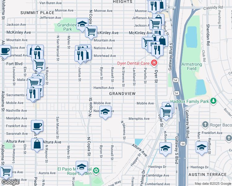 map of restaurants, bars, coffee shops, grocery stores, and more near 3600 Hamilton Avenue in El Paso