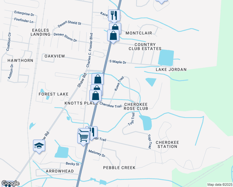 map of restaurants, bars, coffee shops, grocery stores, and more near 307 Kuwe Trail in Hinesville