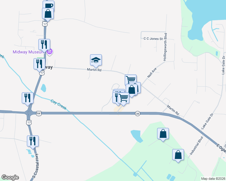 map of restaurants, bars, coffee shops, grocery stores, and more near 228 Wisteria Road in Midway