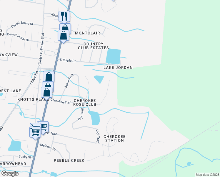 map of restaurants, bars, coffee shops, grocery stores, and more near 235 Cherokee Trail in Hinesville