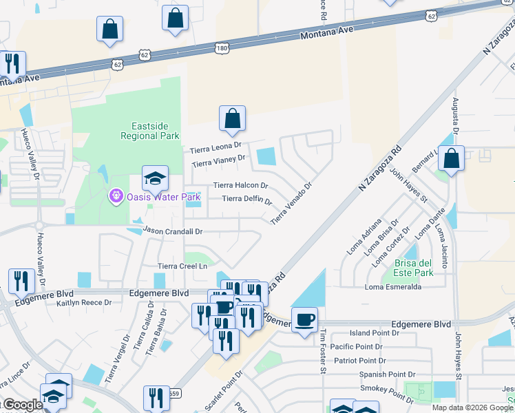 map of restaurants, bars, coffee shops, grocery stores, and more near 3976 Tierra Sur Place in El Paso