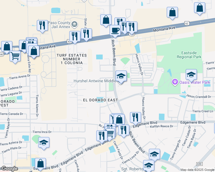map of restaurants, bars, coffee shops, grocery stores, and more near 3920 Tierra Aurora Drive in El Paso