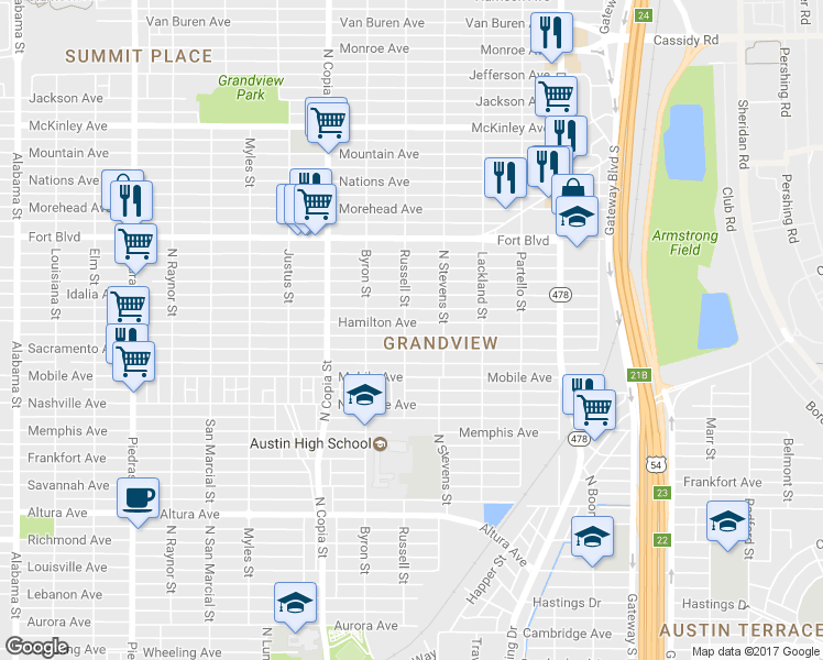 map of restaurants, bars, coffee shops, grocery stores, and more near 3600 Hamilton Avenue in El Paso