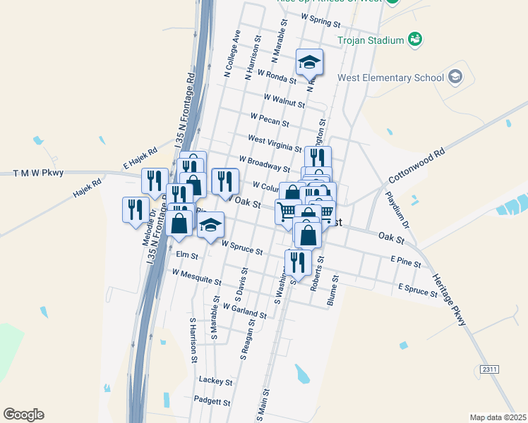 map of restaurants, bars, coffee shops, grocery stores, and more near 311 West Oak Street in West